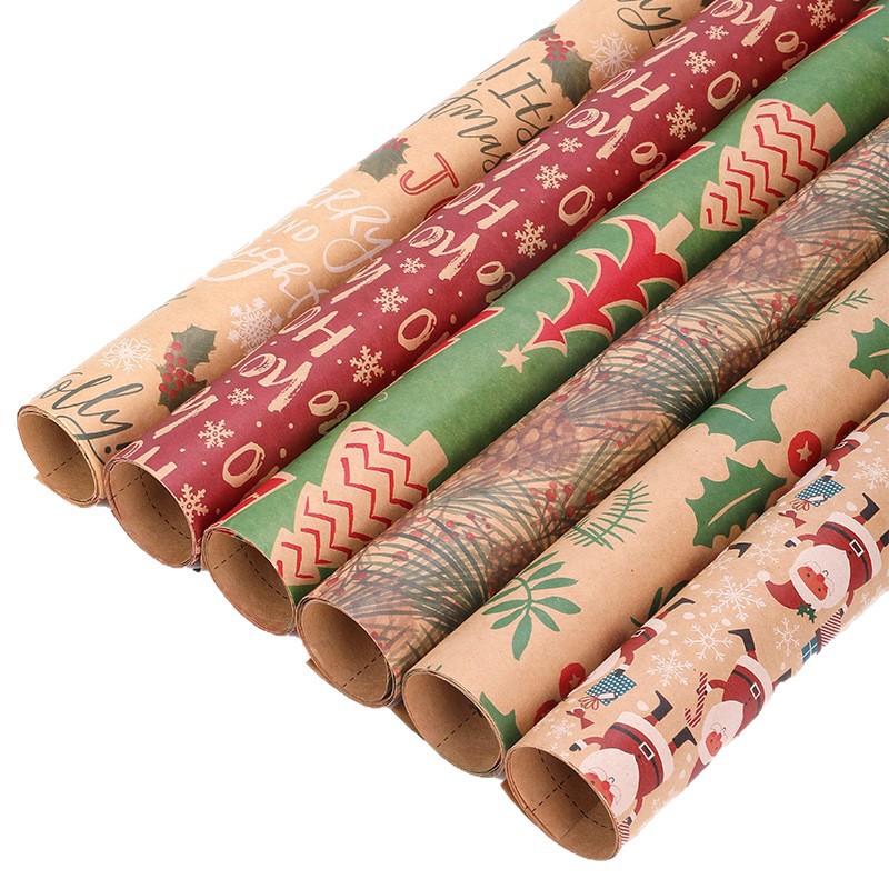 Papel de regalo navideño retro de papel kraft con diseño de copos de nieve, lunares y estrellas de cinco puntas, papel de regalo blanco especial para cajas de regalo, venta al por mayor