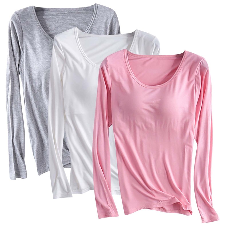 胸パッド付きtシャツ長袖女性無鋼輪ブラジャー一体ヨガ睡眠家庭レジャー外着底|undefined