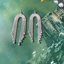 新款earrings闪钻爪链满钻拱形长款锆石流苏耳环潮女欧美夸张耳饰