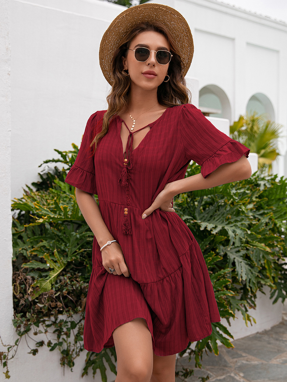 solid color short Sleeve Mid Length V Neck Dress NSYBL136981