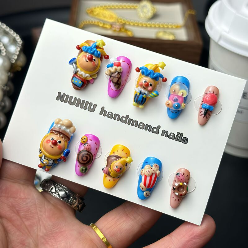 Clown Star People Pinch Wearable Nails Hand-Painted Mid-Length Sweet and Cool Stereo Nail Stickers Bubble Mart Trendy Manicure