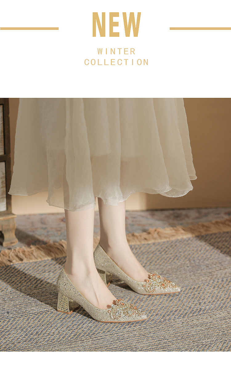 Giày cưới nữ mũi nhọn đính sequin gót dày Jin Gang CH60-50 — Màu sâm panh chi tiết 2