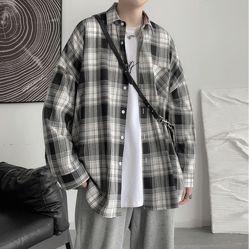 Autumn Plaid Long-sleeved Shirt Men's Trendy New Loose Student Shirt Korean Style Trendy Brand Top Thin Coat Trendy