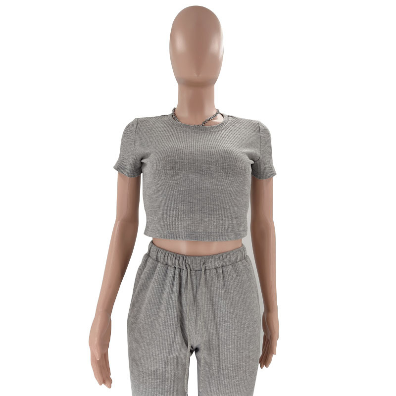 Spring Summer Solid Color Waffle round Neck Short Sleeve Women Clothing Casual Trousers Sets 8 Spring Summer Solid Color Waffle round Neck Short Sleeve Women Clothing Casual Trousers Sets