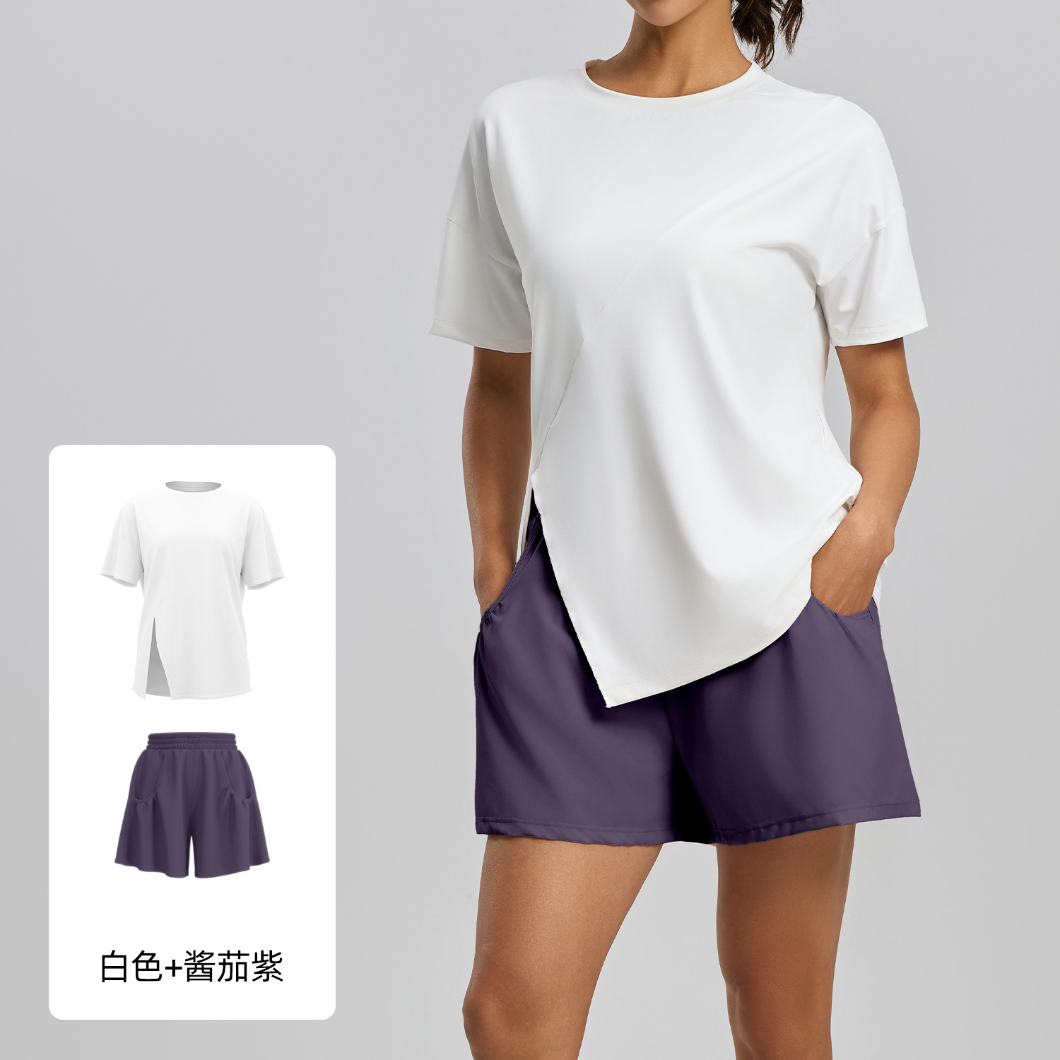 Juyi Tang nuevo juego deportivo de horquilla suelta camiseta transpirable camiseta anti-luz pantalones cortos juego de carrera