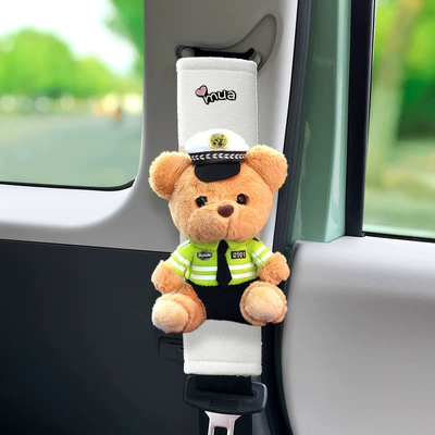 Seat belt shoulder pad, Car Neck Anti-Strangle Children's Car - white-velvet-green-bear