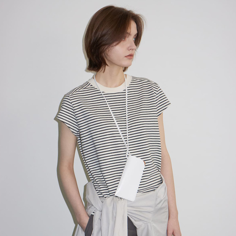 in stock MOONDAL Striped Short-sleeved T-shirt Women's New Spring and Summer Korean Niche Loose Casual Simple Round Neck Top