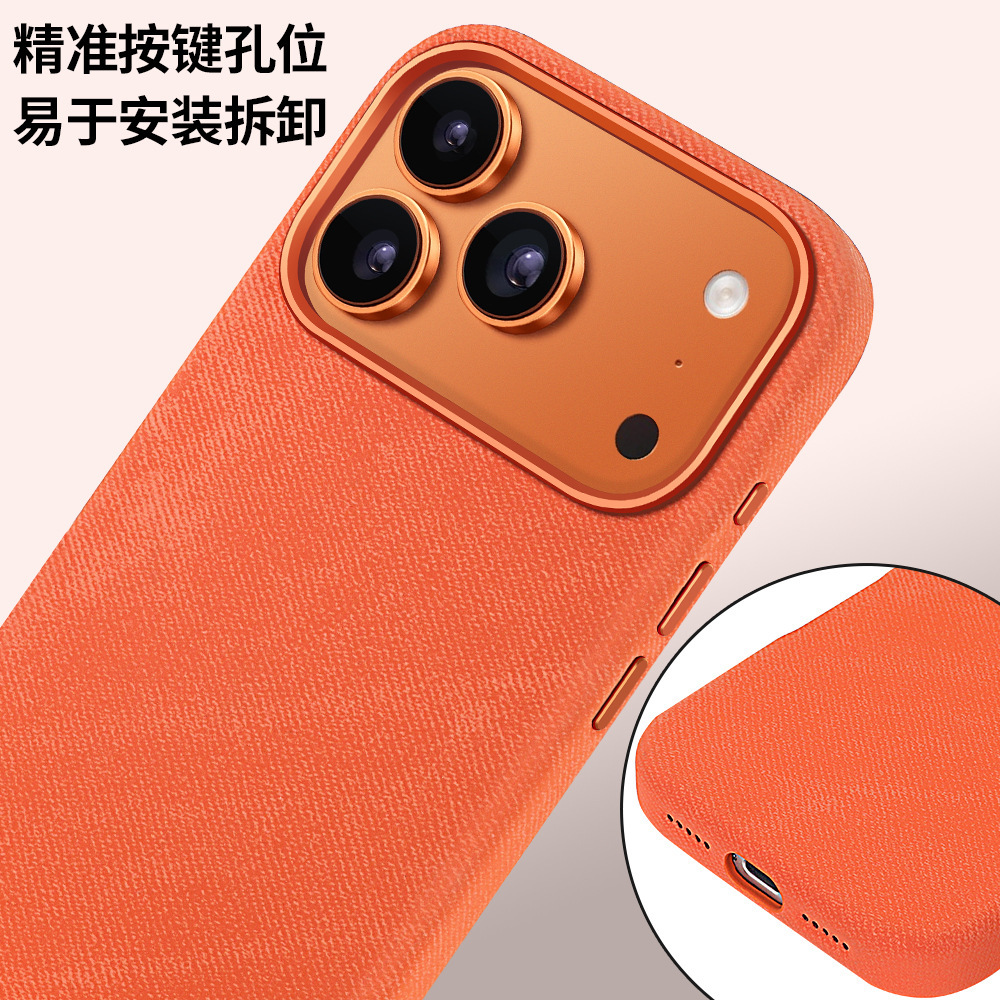 Ốp lưng điện thoại Apple 17 họa tiết nhung, hút từ mạnh, khung kim loại màu cam — màu đen, nâu, màu xám, cam chi tiết 8