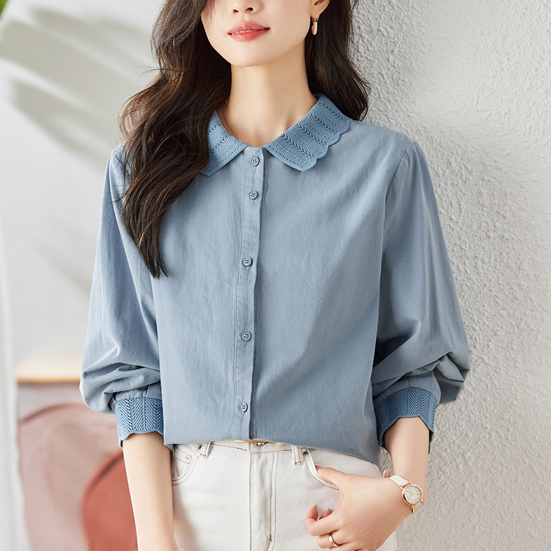 Factory Direct Sale French-Style Apricot Color Skin-Brightening Lace Collar Shirt for Women, Long-Sleeved Autumn Pure Cotton Shirt with Lantern Sleeves