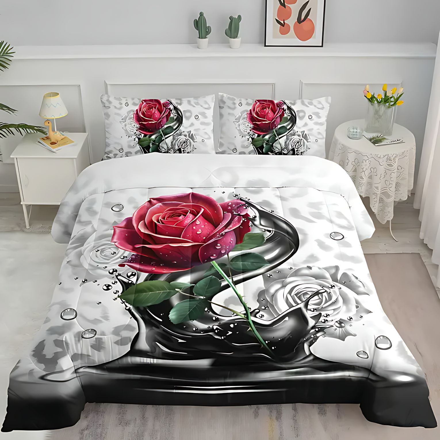 TEMU / JIT transfronterizo textil casero multicolor rosa impresión digital 3D 180gms edredón almohada conjunto de ropa de cama