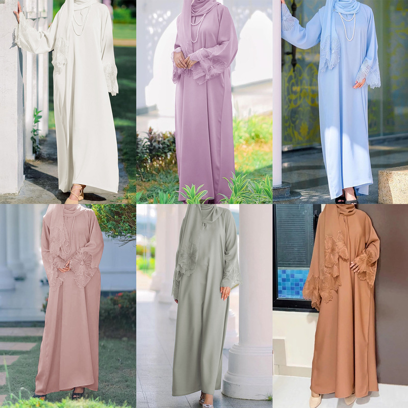 M189 # 7-color in-stock cross-border women's clothing from Malaysia, lace patchwork petal sleeve dress - comes with headscarf
