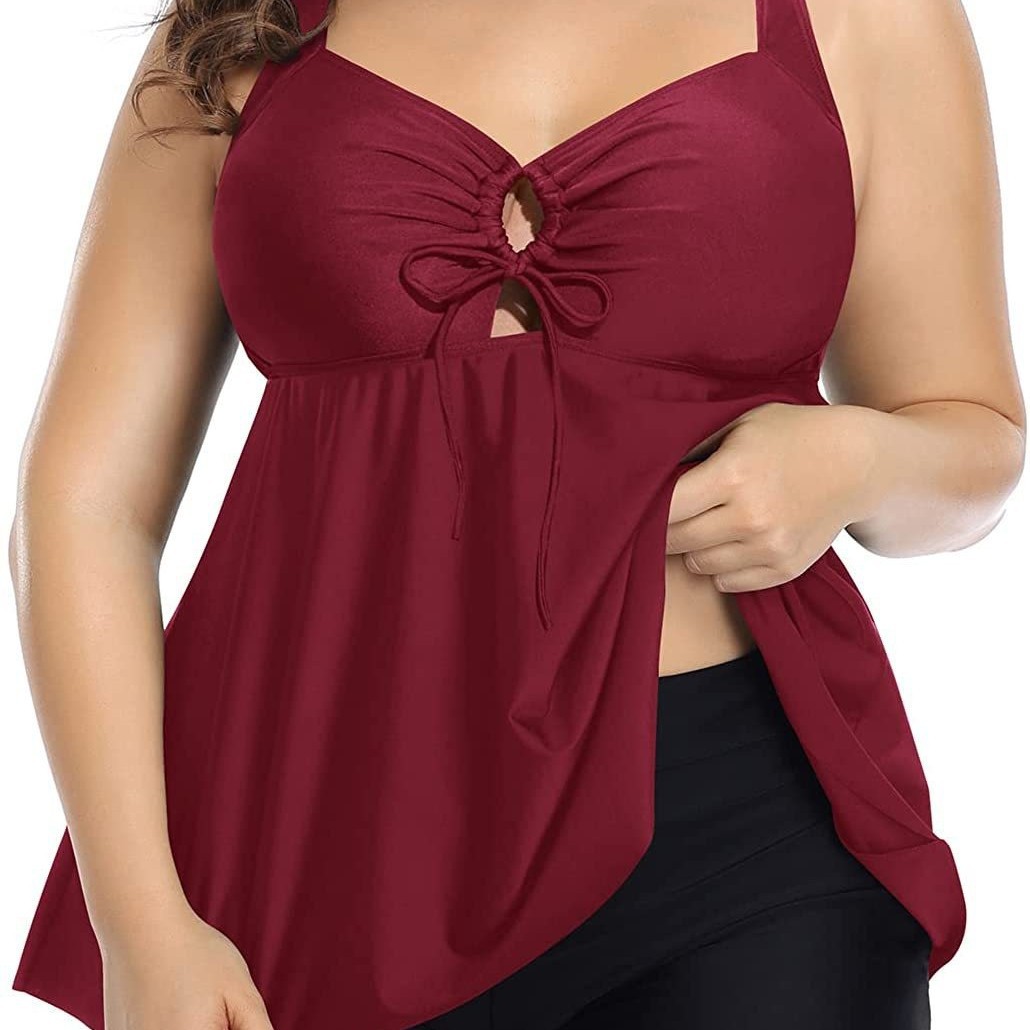 亚马逊女两件套分体泳衣跨境大码泳衣收腹泳装上衣带短裤肥婆泳装