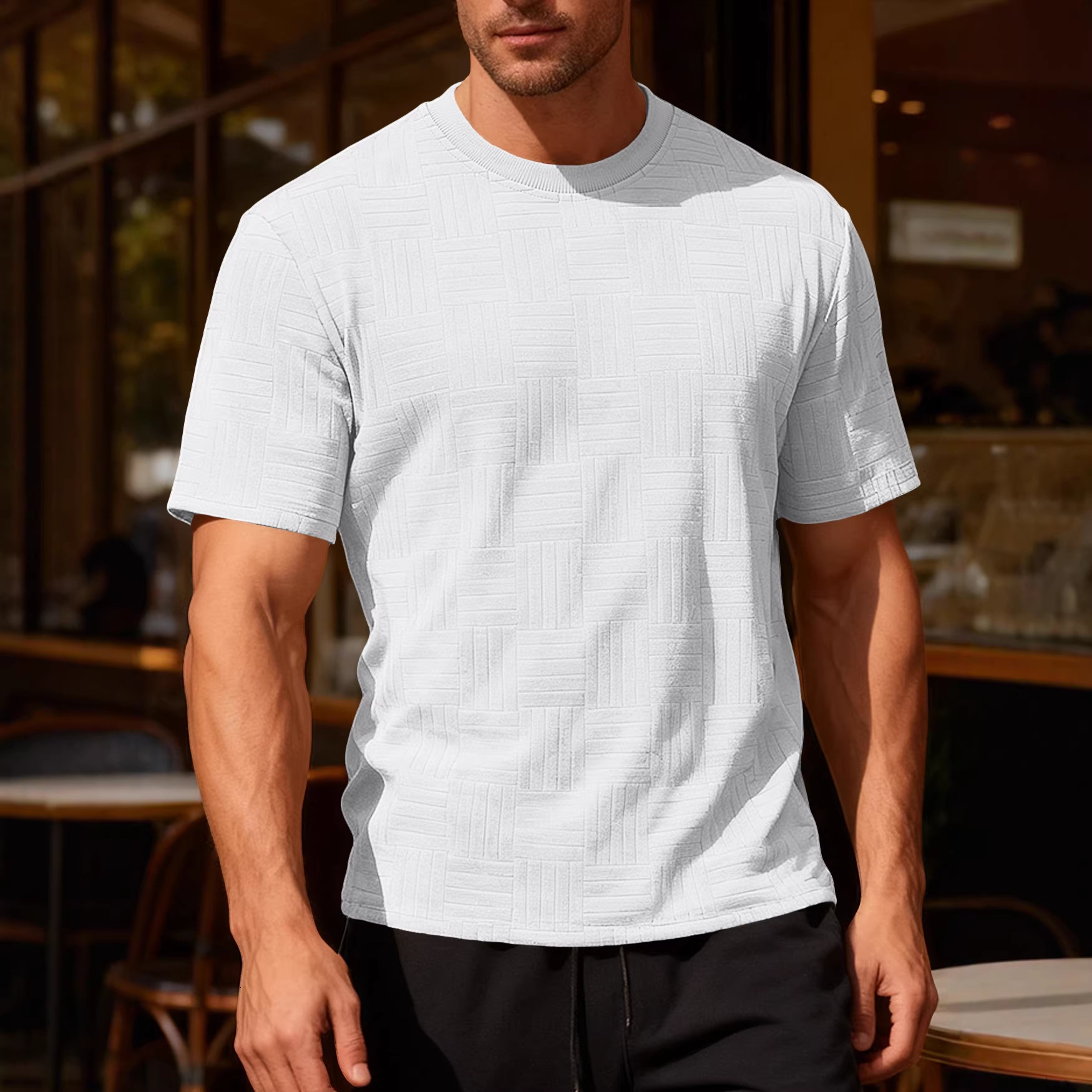 Nuevo comercio exterior delgado cuello redondo toallas de manga corta personalidad camiseta de estilo europeo y americano camiseta de base casual hombre