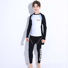 新款儿童泳衣青少年男孩长袖分体套装冲浪中大童学生防晒运动泳装