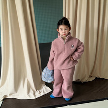 2025秋冬季新款 韩版女童套装 kt猫咪刺绣时尚羊羔毛休闲两件套