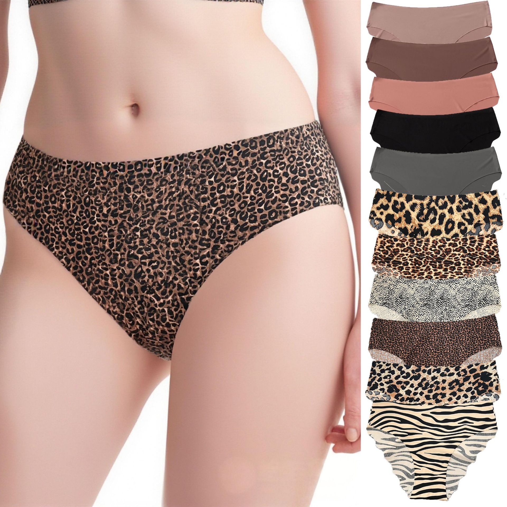 Europa y América calzoncillos de seda de hielo, entrepierna de algodón, estampado de leopardo caliente, calzoncillos de tamaño grande, calzoncillos de comercio exterior para mujeres.