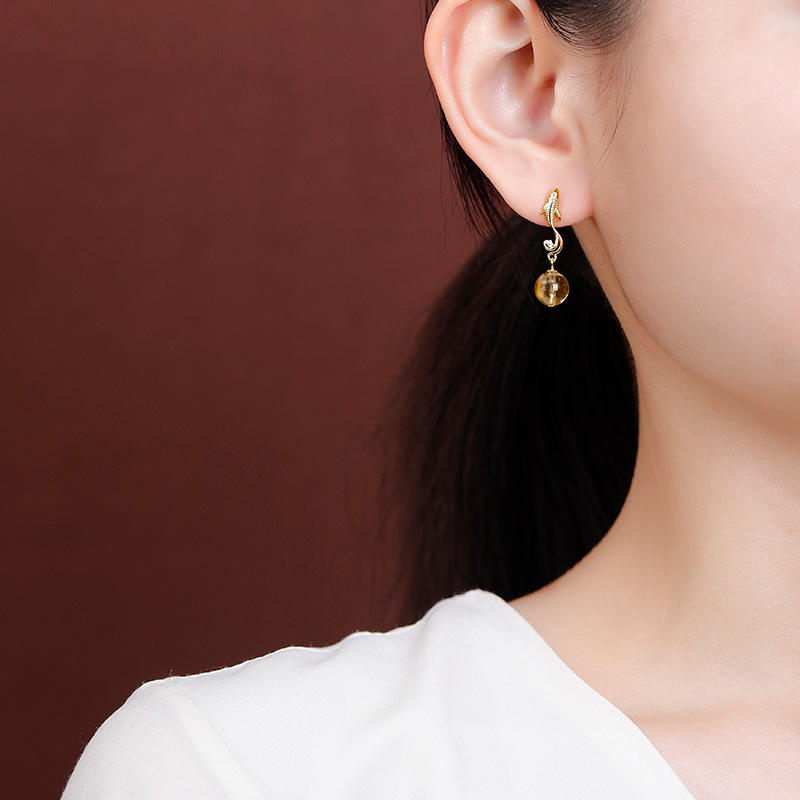 Bông tai bạc S925 đính đá thạch anh tím hình tháp pha lê tròn hạt koi — Kiểu thạch anh tím
