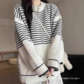 跨境条纹双拉链圆领毛衣开衫女秋冬新款宽松慵懒风针织衫上衣外套