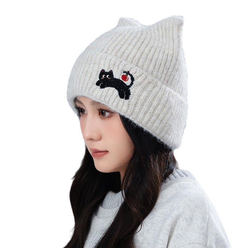 冬季帽子女款甜美可爱猫咪刺绣耳朵毛线帽保暖加厚包头护耳针织帽|undefined