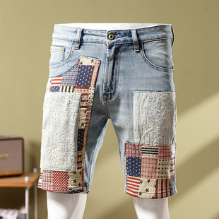 European Station Summer Blue Stitching Denim Shorts Casual Five-point Pants Fashionable Distinctive Rapped Beggar Horse Pants Men