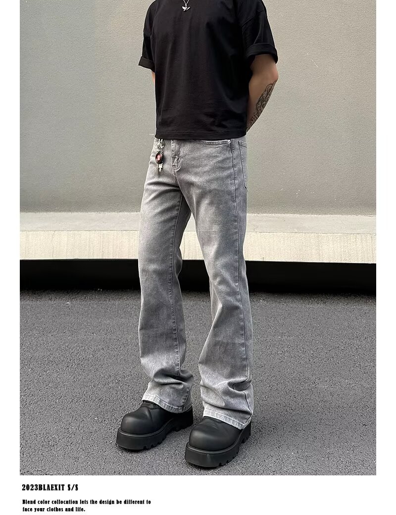 Men's Gray American Streetwear Vintage Wash Flared Jeans, Relaxed Fit Bootcut Denim Pants With Distressed Details For Urban Fashion_mkmklike.com