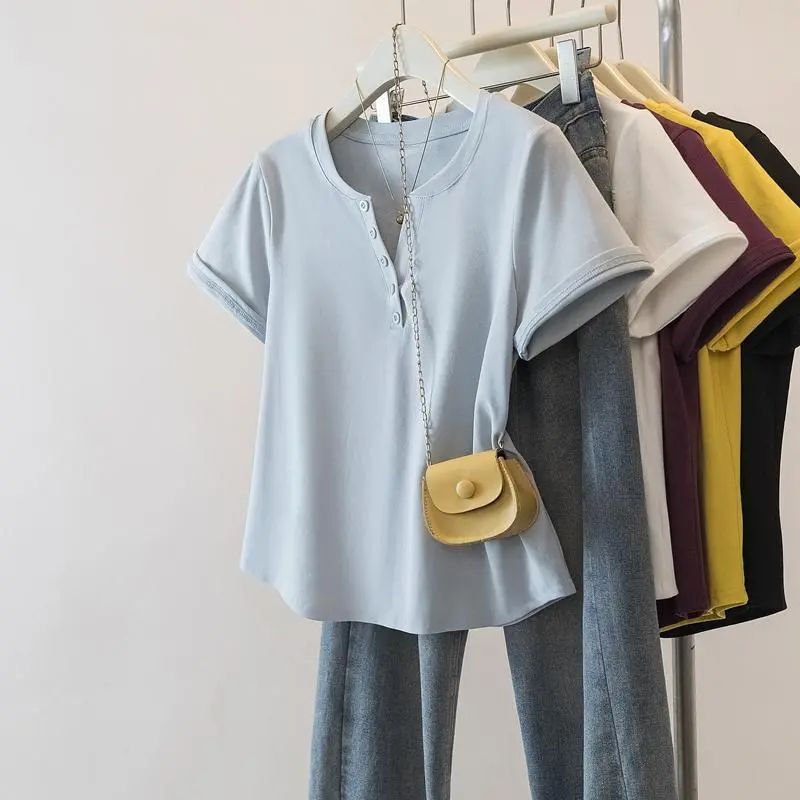 Summer New Style Plus-Size Solid Color Short-Sleeve T-Shirt for Women, Casual Versatile Loose Fit, Half-Open Collar, Slimming, Regular Shoulder Top Summer New Style Plus-Size Solid Color Short-Sleeve T-Shirt for Women, Casual Versatile Loose Fit, Half-Open Collar, Slimming, Regular Shoulder Top