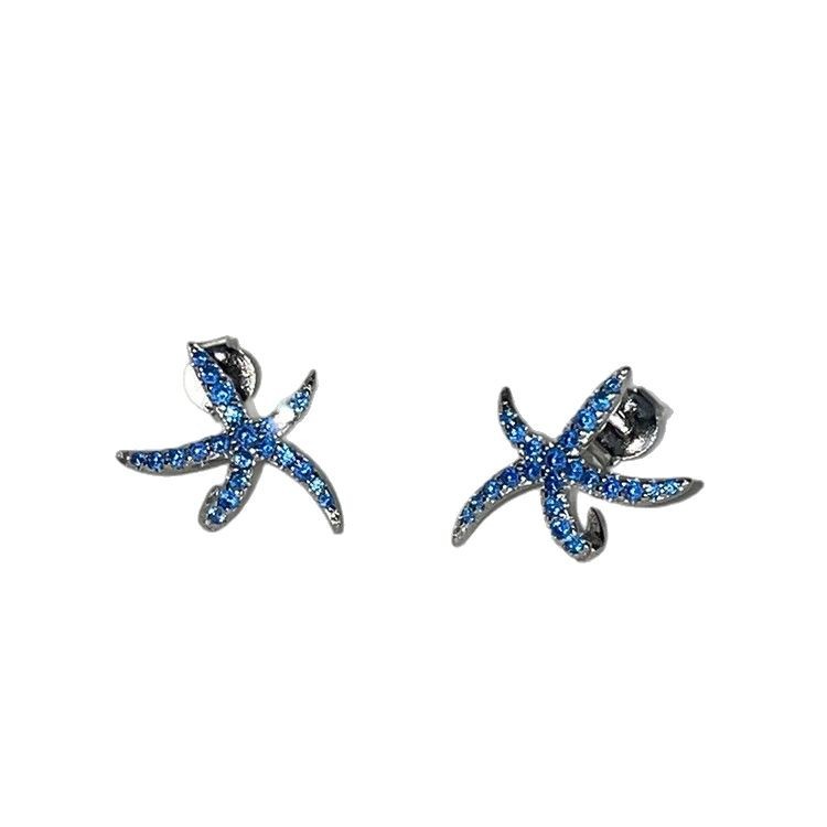 Aguja de plata, circón, estrella de mar azul, pendientes de temperamento ins coreanos, pendientes de todo fósforo de moda femenina, sentido de diseño, nicho