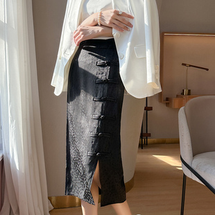 Chinese-Style Women's Midi Skirt with Slit and Button Closure, Made of Acetate Satin, Featuring a High-Waisted Design and a Fashionable Silk-Like Feel