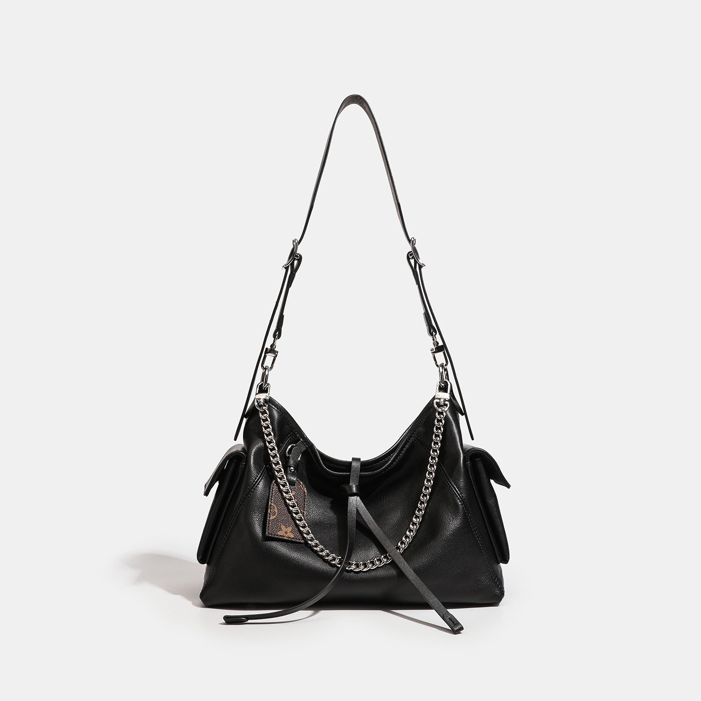 Top Grain Cowhide Leather Messenger Tote Bag Large Capacity Chain Commuter Bag Black Warrior Luxury Shoulder Crossbody Bag
