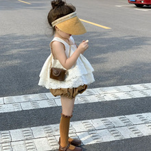 2023夏季新款童装 韩版童装 女童花边蕾丝上衣 洋气方领无袖衬衫