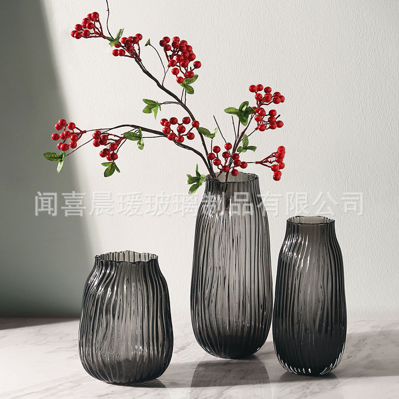 歐式創意波浪口灰色玻璃花瓶水養百合富貴竹家用鮮花插花桌面花瓶