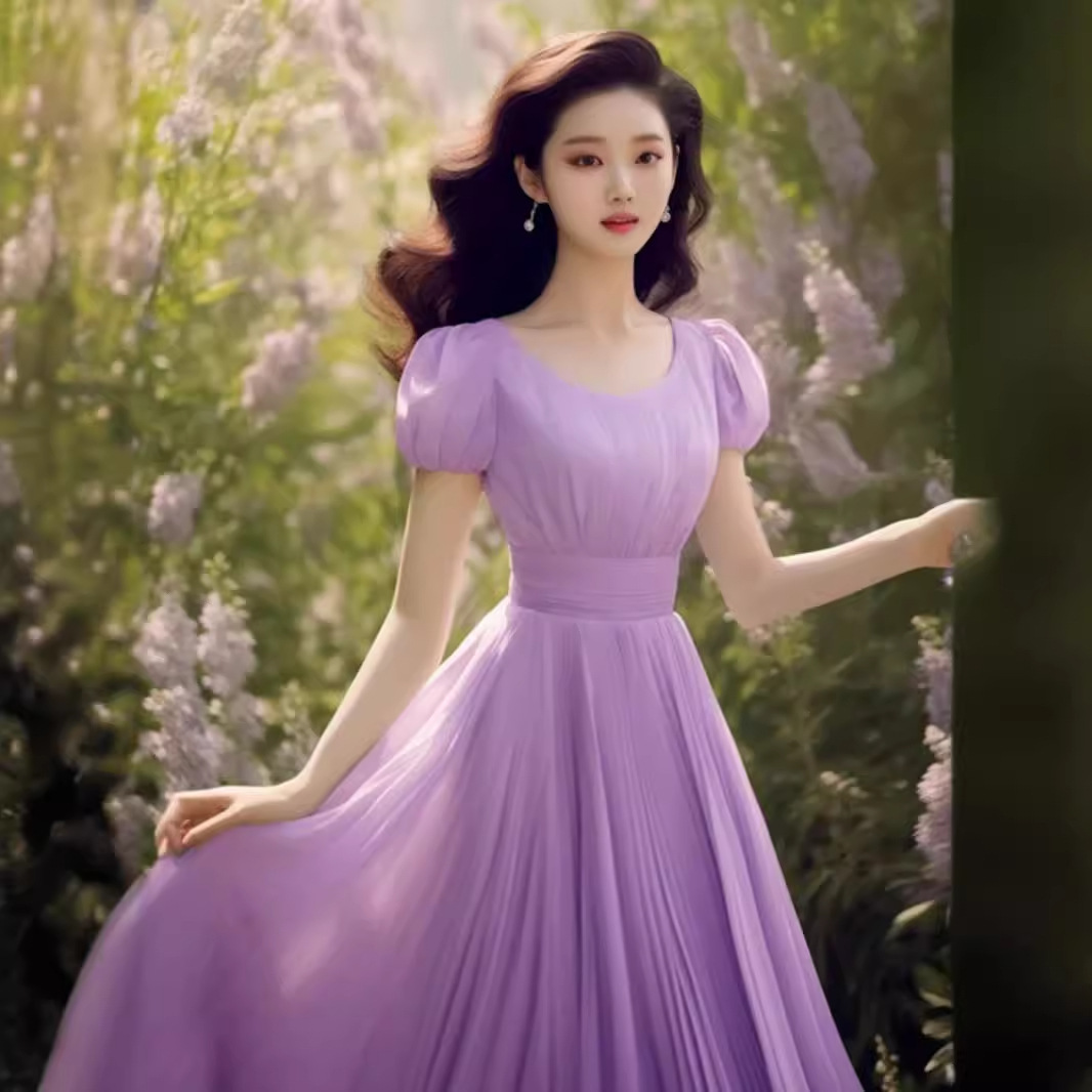 Váy suông nữ midi dáng quả lê màu tím — Màu tím