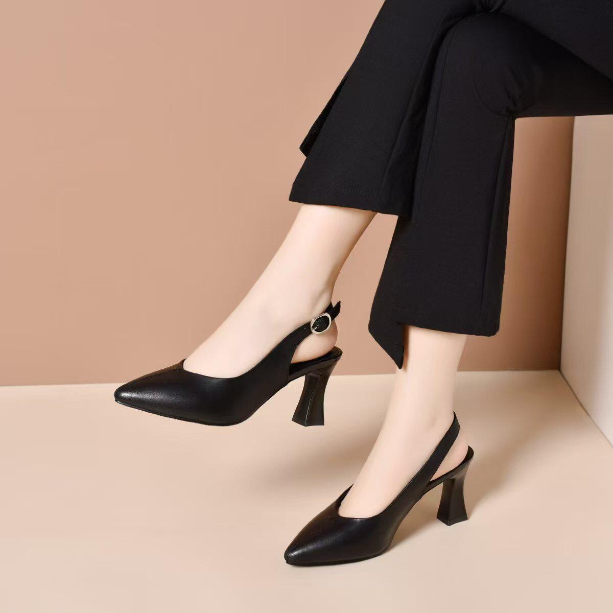 Giày sandal cao gót nữ mũi nhọn quai ngang da thật gót 7 cm — Gạo trắng - 7cm