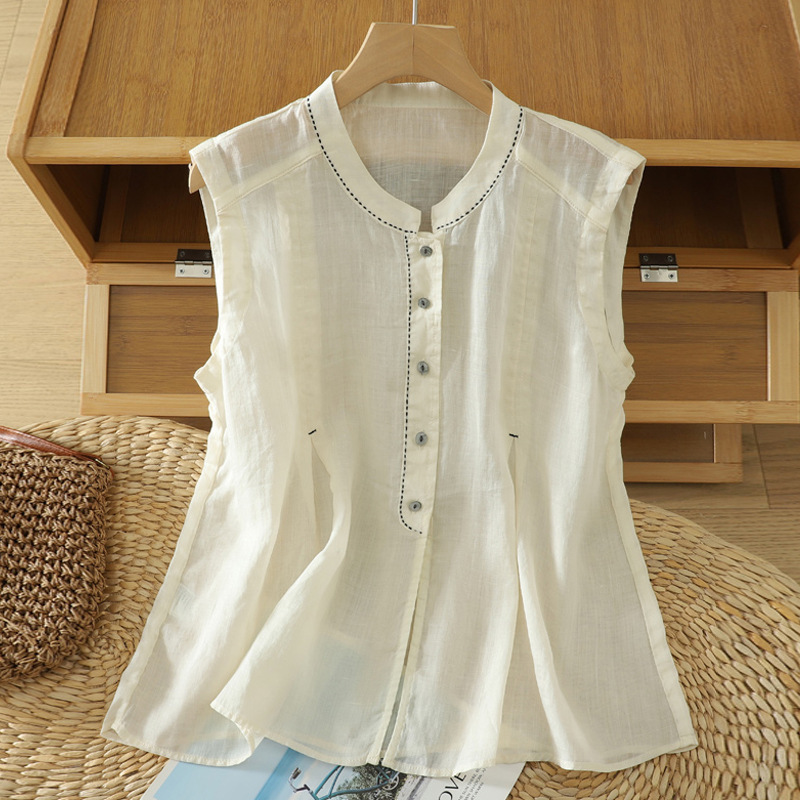 Women's Linen Sleeveless Top 2025 New Summer Breathable Vest Stand Collar Ramie Shirt Cotton and Linen Thin Shirt Women's Linen Sleeveless Top 2025 New Summer Breathable Vest Stand Collar Ramie Shirt Cotton and Linen Thin Shirt
