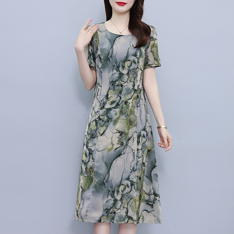 真丝桑蚕丝连衣裙女夏季新款高端香云纱显瘦大码宽松妈妈印花裙子|undefined