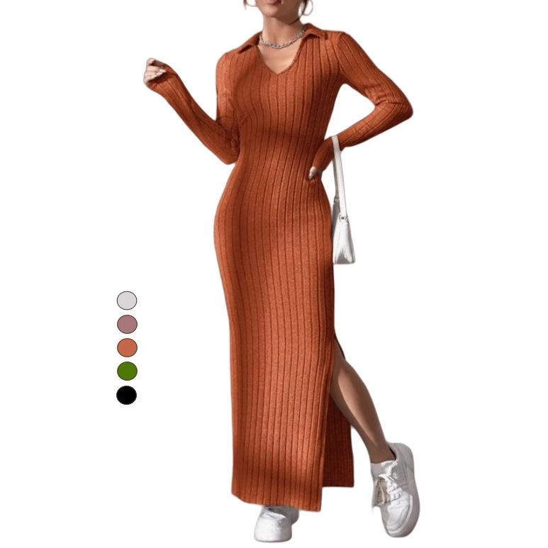 Elegant Long Dress with a Cross-Border Flair, New Autumn Style, Long Sleeves, Turn-Down Collar, Bodycon Dress, Popular in Europe and America, with Velvet Embossing