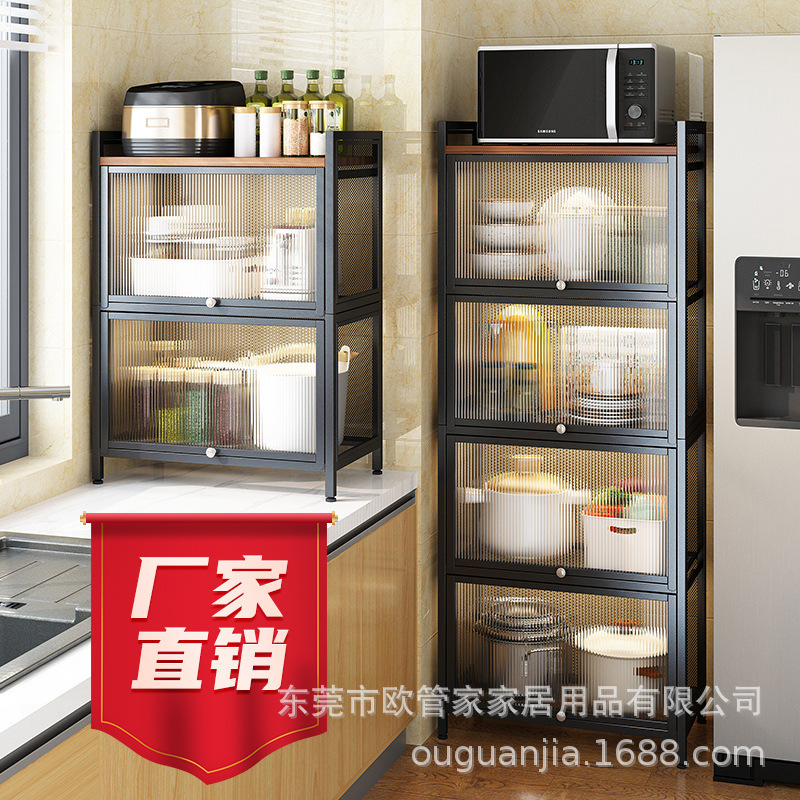 Piso de la cocina estante de almacenamiento de acero al carbono de múltiples capas a prueba de polvo gabinete con la puerta del gabinete horno de microondas olla rack de almacenamiento transfronterizo