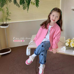 2023女童襯衫外套中小童秋裝新款多巴胺翻領開衫外套韓版休閒上衣