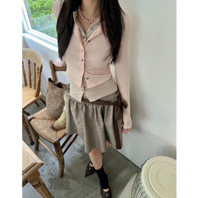 美式辣妹修身假两件长袖针织衫上衣女个性复古格纹半身裙两件套装|undefined