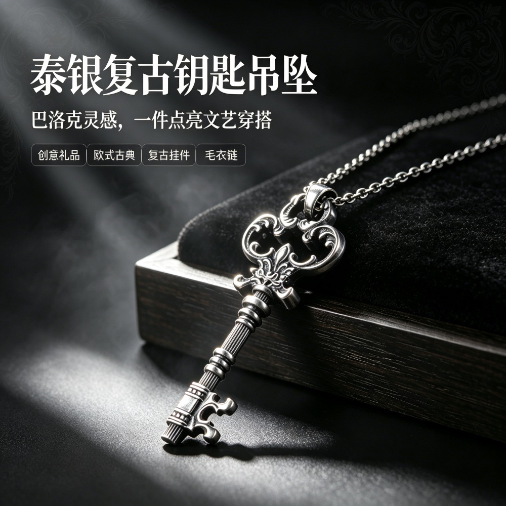 Baroque Creative Key Pendant Necklace Vintage Distressed Style Unisex Trendy Accessory Gift Wholesale