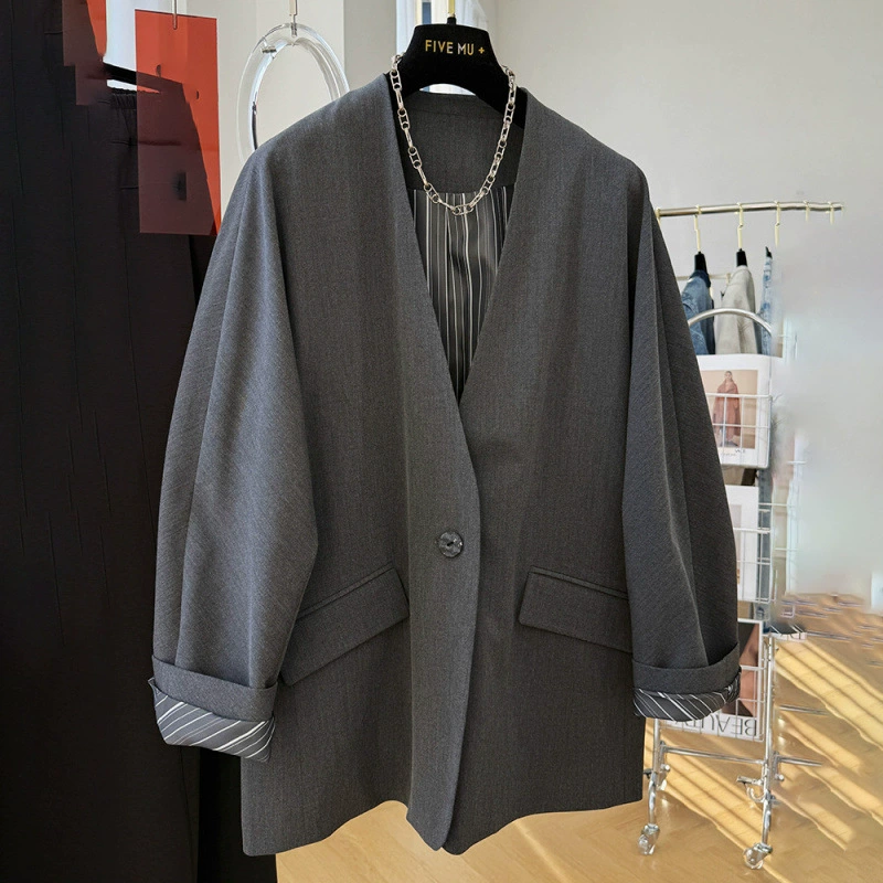 Женский повседневный пиджак с V-образным вырезом, весна 2025, новый корейский стиль, свободный ленивый стиль, модный топ