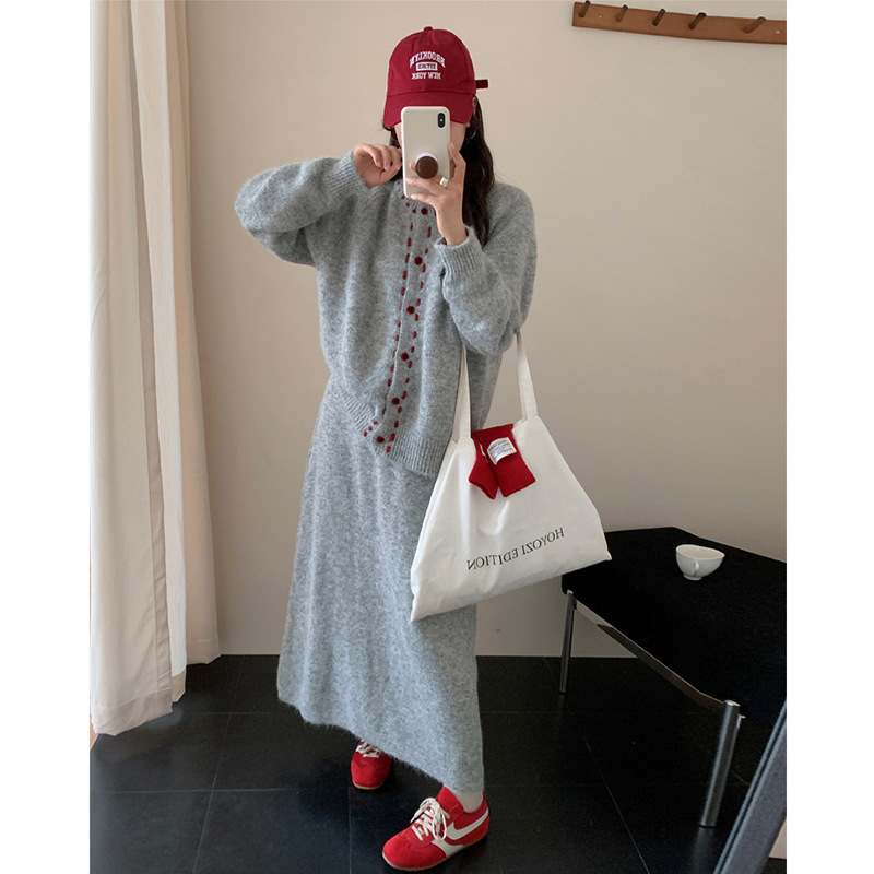 韩系高级感手工缝线毛衣外套女套装秋冬软糯针织开衫设计感两件套|undefined