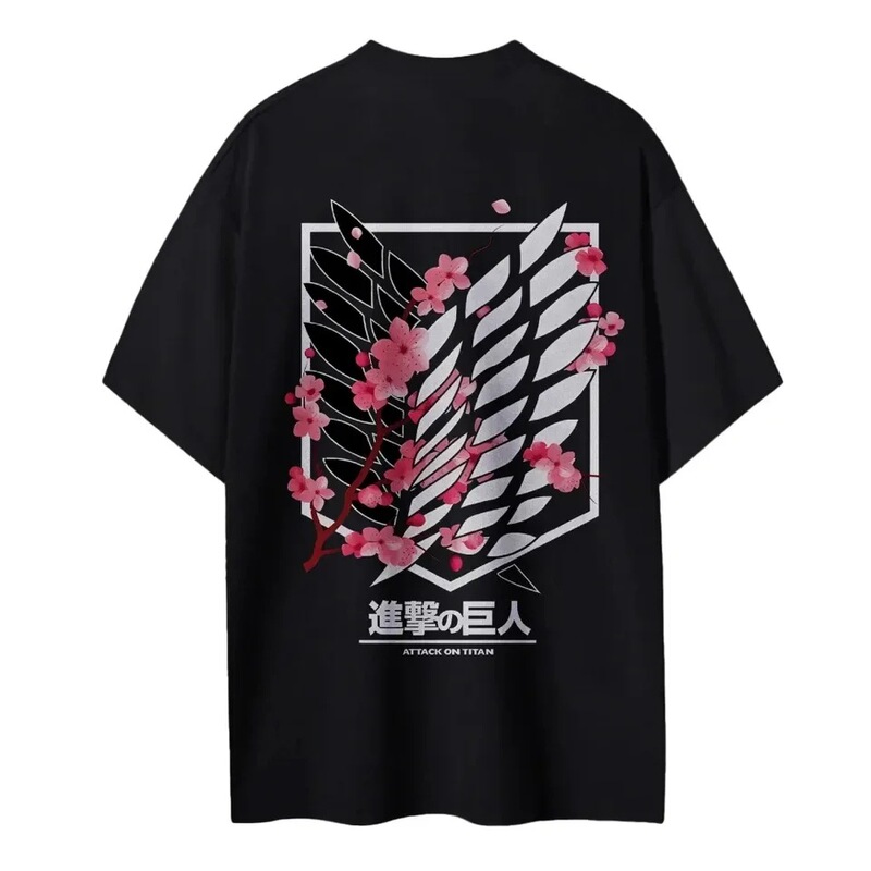 Pure Cotton Short-Sleeve T-Shirt for Men, Attack on Titan T-Shirt, Wings of Freedom, Pink Cherry Blossom Back Print, Unisex Cotton, Wide Fit