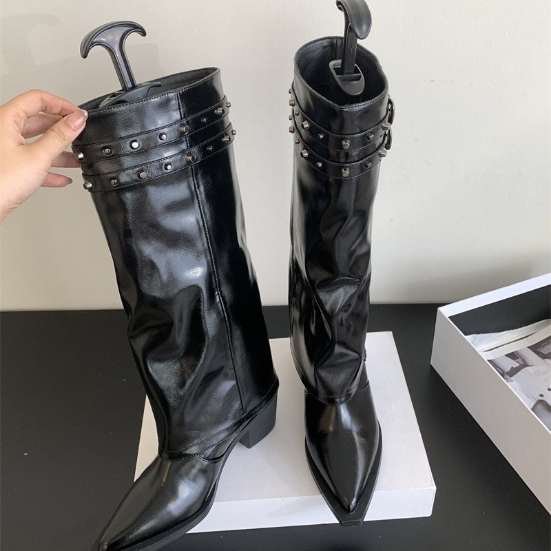 Autunno/Inverno 2024 Nuova Edizione Coreana Cintura a Punta Fibbia Tacco Spesso Tacchi Alti Lunghi Pantaloni Moda Stivali Alti Sopra il Ginocchio_voghion.com