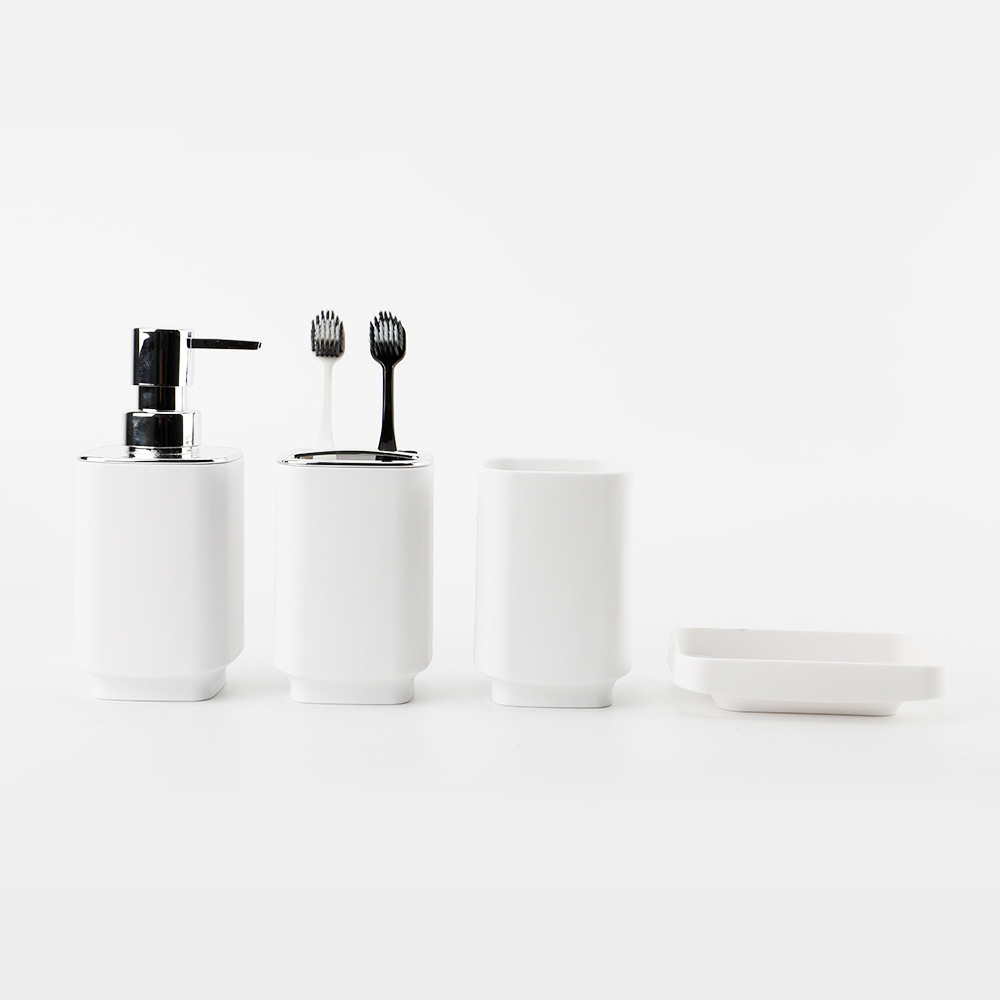 Suministros de baño Juego de seis piezas de taza de enjuague bucal de galvanoplastia cuadrada, estante para cepillarse los dientes, caja de jabón, almacenamiento de baño, kit de lavado de baño