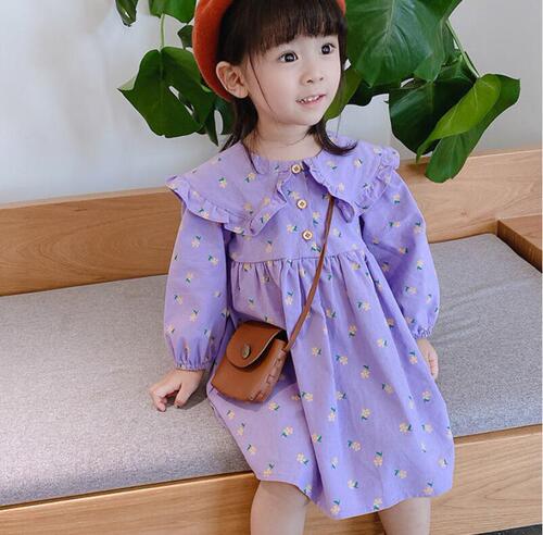 Girls Lolita Dress 2024 Autumn New Small Yellow Flower Splicing Ruffled Lapel Long Sleeve Princess Dress