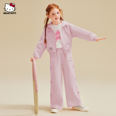 ハローキティのケイティの女の子の春の甘いカジュアルセット2025の蝶結びの中の大きい子供服の2つのセット