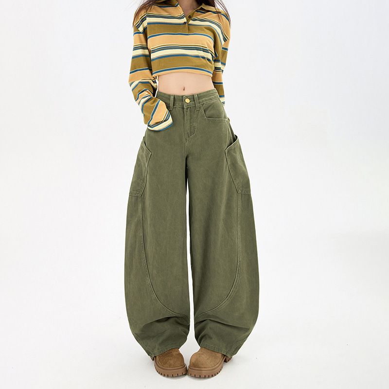 [6 Colors] Trendy Cool Scimitar Pants Heavy Washed Cotton Casual Loose Wide-Leg Pants Relaxed Jeans for Women