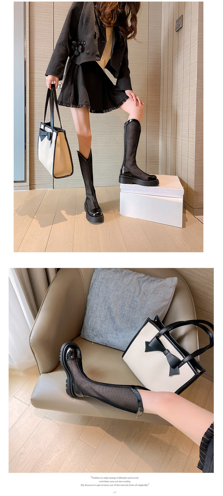 Boot nữ da lưới thoáng khí mùa hè, đế dày rỗng, ống rộng cho chân to — Màu nâu ống lớn, Màu đen cổ ống lớn, Ống nhỏ màu đen, Ống nhỏ màu be chi tiết 51