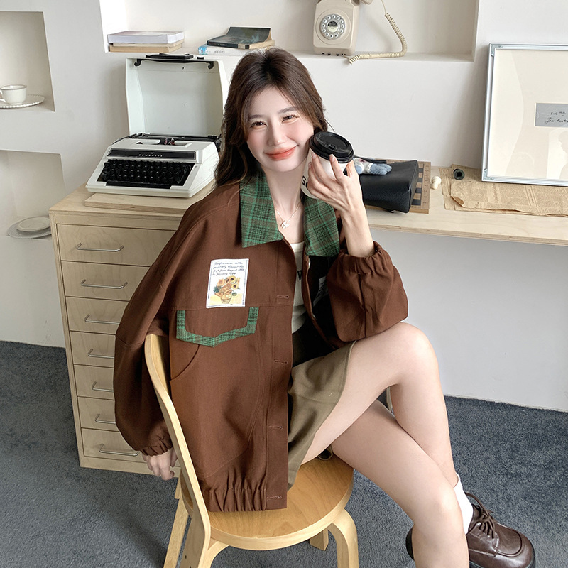 实拍美式复古撞色翻领短外套女2025春秋季新款设计感宽松夹克上衣|undefined